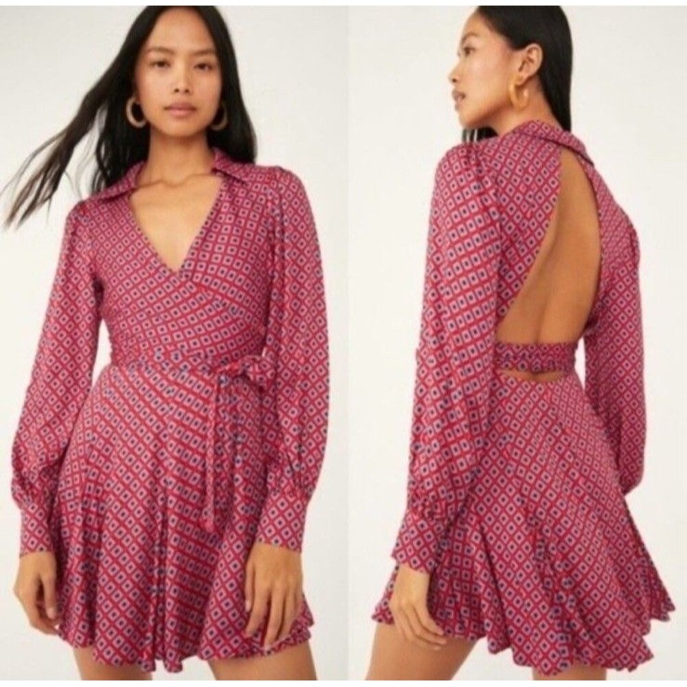 Free People Red Pink Blue Black Open Back Mini Dress Size Medium